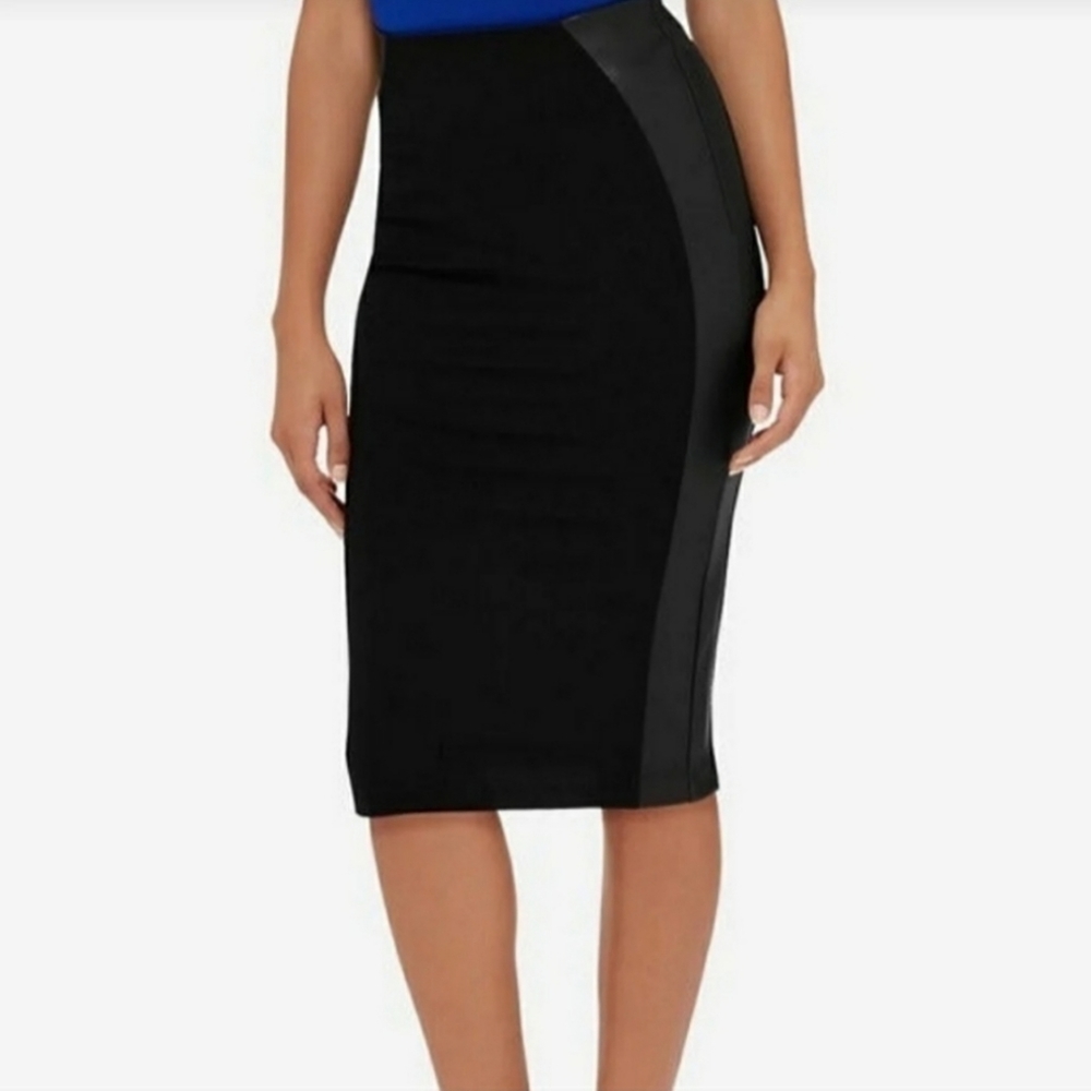 Eva Longoria Power Ponte faux leather panel bandage midi pencil skirt sexy party